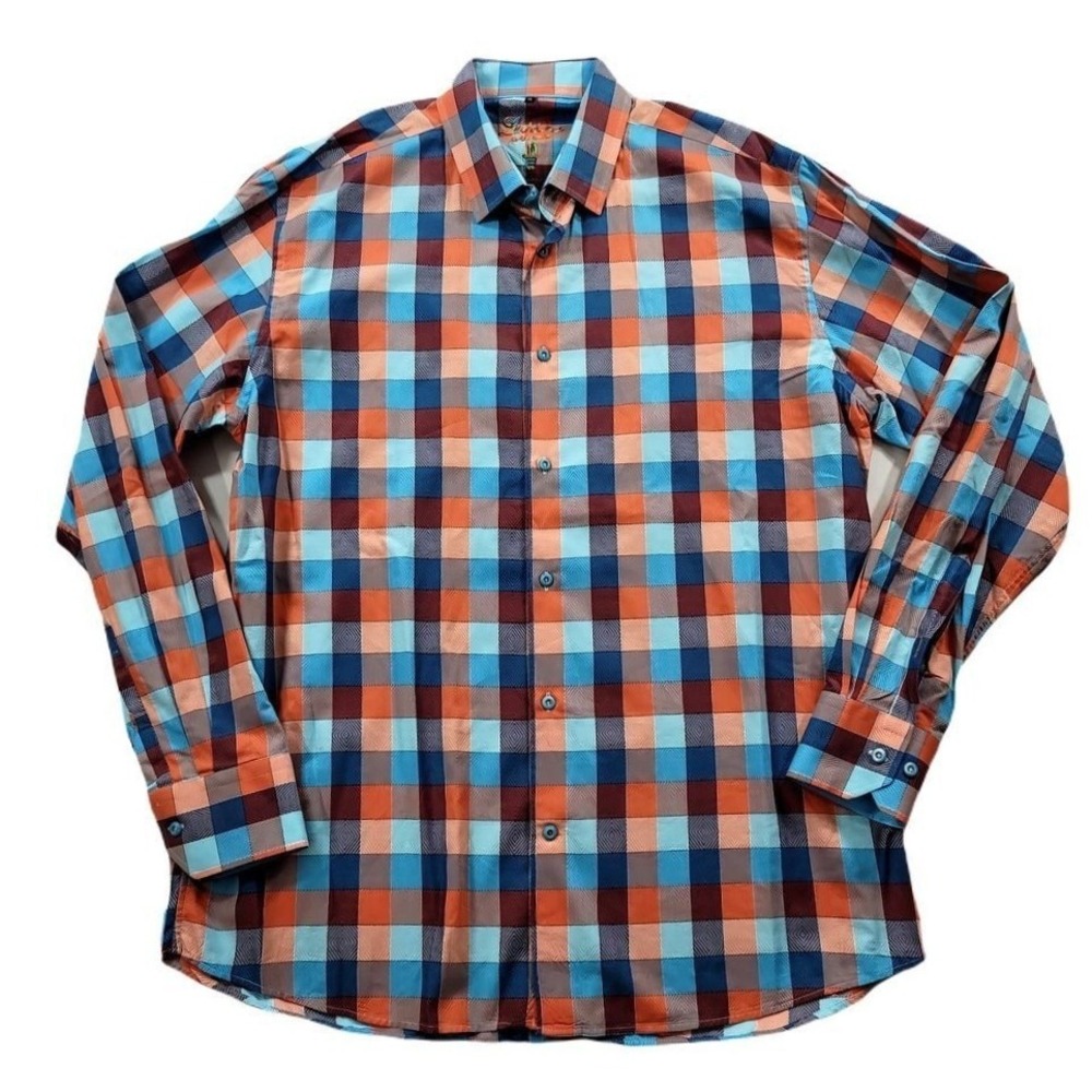 Luchiano Visconti Geo Print Shirt Mens XL Blue Orange Check‎ Cotton Long Sleeve